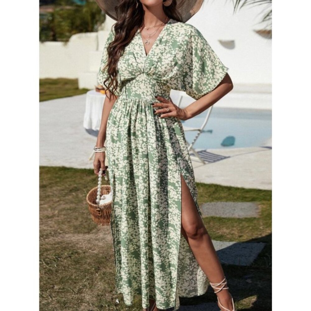 Green Floral Batwing Sleeve M Slit Skirt Maxi Dress